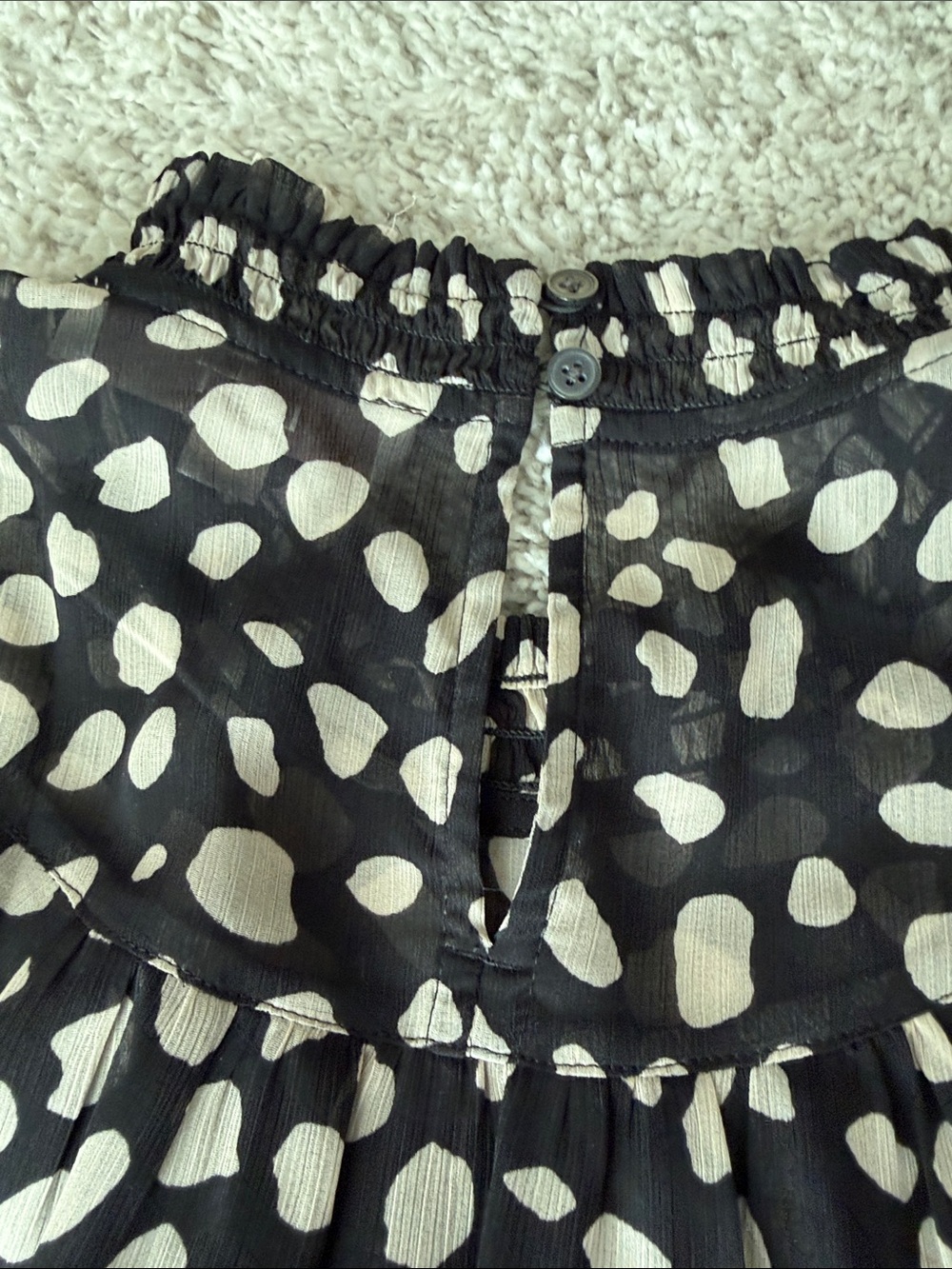 LOFT Black Blouse with Beige Spot Print and Ruffle Neck - Picture 7 of 8